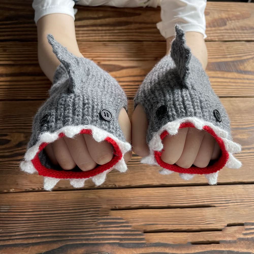 New Cartoon Grey Shark Warm Half Finger Knitted Gloves - Eshtree