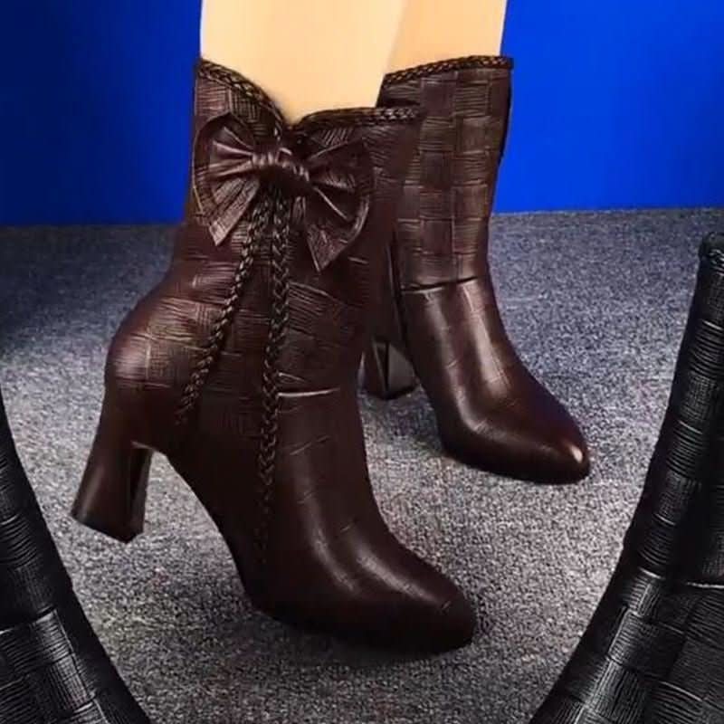 New Fallwinter Velvet Lined Fashion Leather Boots Mid Calf High Heeled Boots - Eshtree