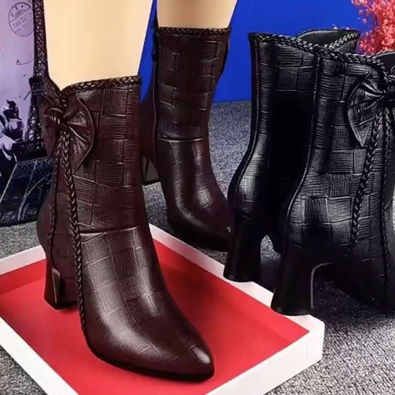 New Fallwinter Velvet Lined Fashion Leather Boots Mid Calf High Heeled Boots - Eshtree