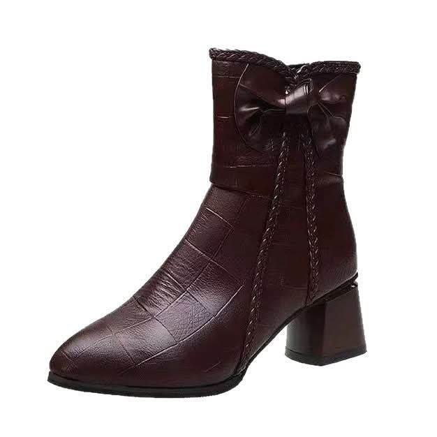 New Fallwinter Velvet Lined Fashion Leather Boots Mid Calf High Heeled Boots - Eshtree