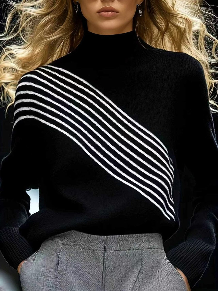 New FallWinter Womens Striped Color - Block Turtleneck Sweater - Eshtree