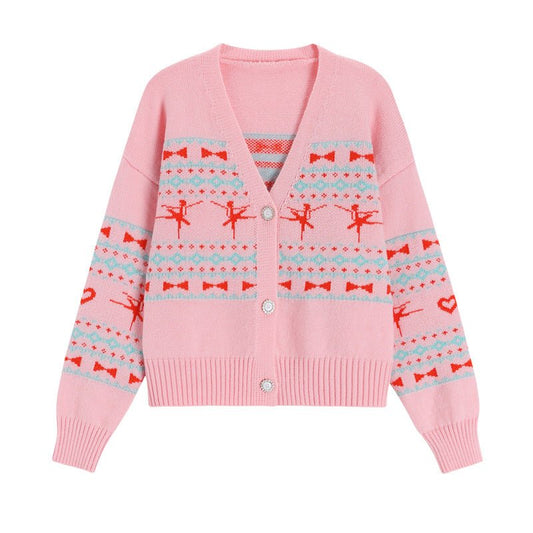 New Girl V - Neck Print Knit Cardigan Jacket - Eshtree