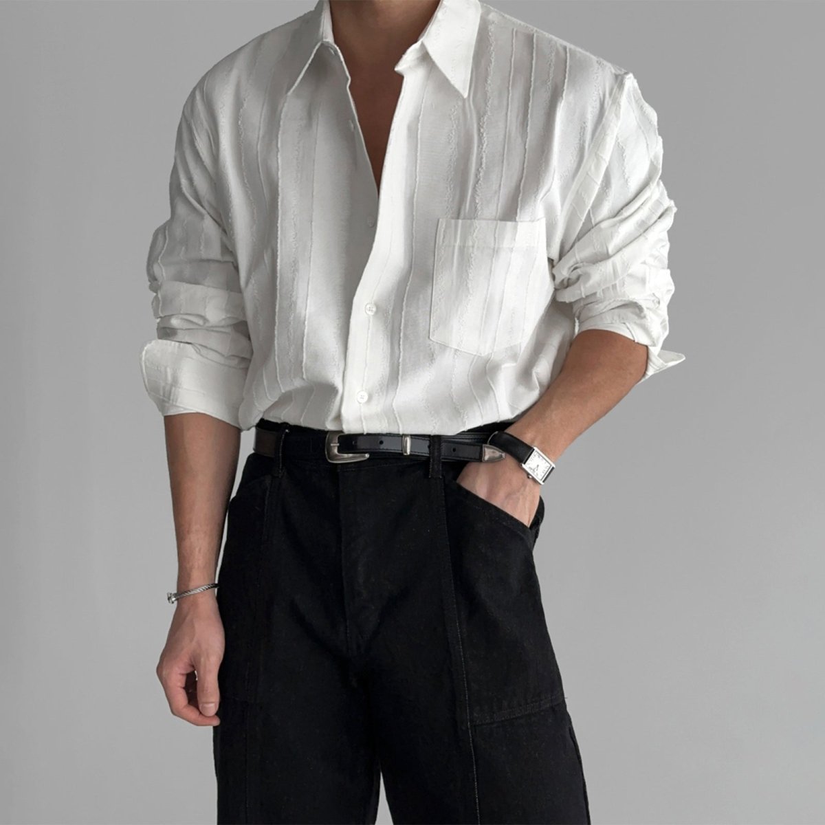 New High - end Textured Wide Solid Color Thin Pocket Long Sleeve Shirt - Eshtree