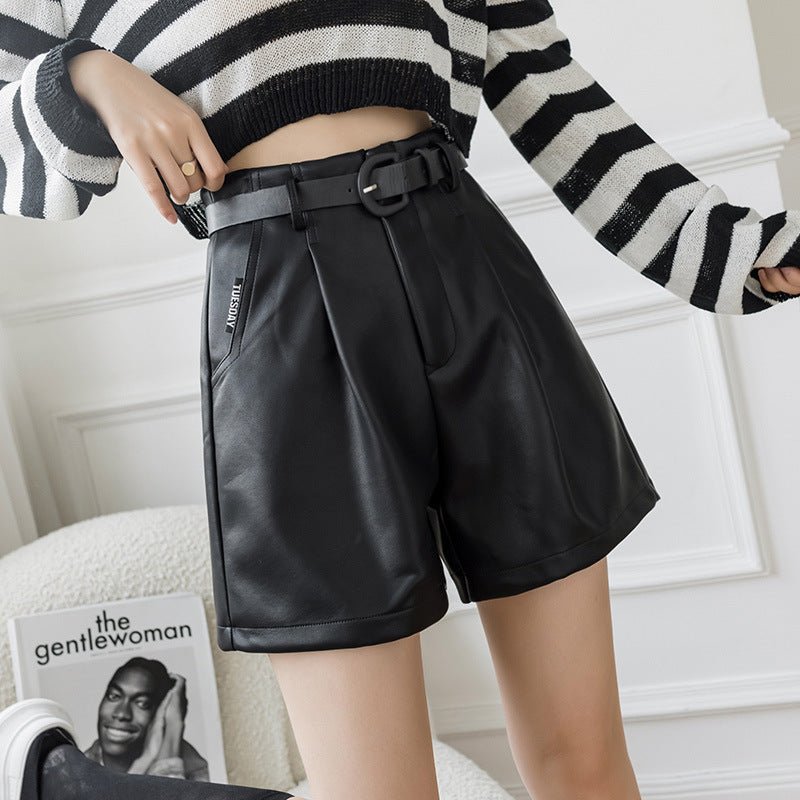 New High Waist Wide Leg A - line PU Outer Wear With Belt Leather Shorts For Women - Eshtree