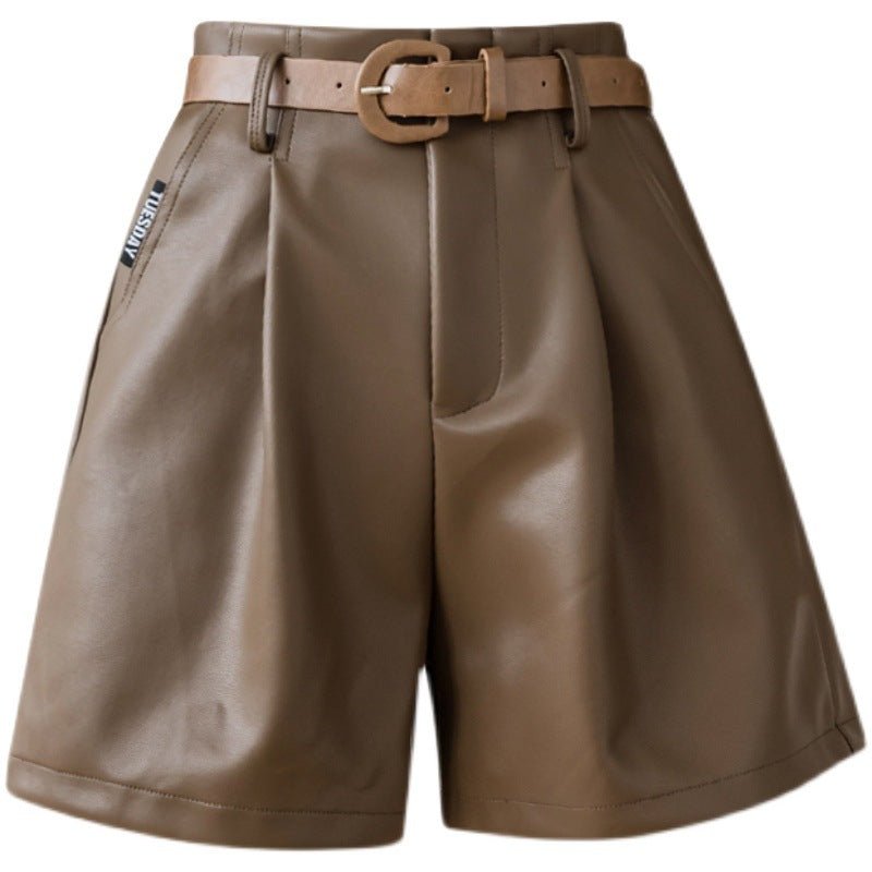 New High Waist Wide Leg A - line PU Outer Wear With Belt Leather Shorts For Women - Eshtree