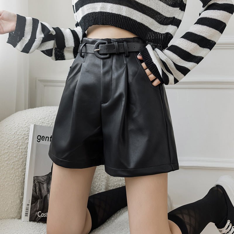 New High Waist Wide Leg A - line PU Outer Wear With Belt Leather Shorts For Women - Eshtree