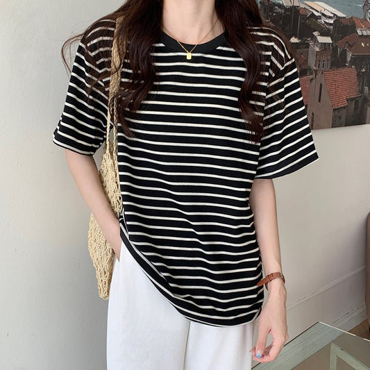 New Korean Style Back Patch Striped Short - sleeved Women's T-shirt - Eshtree