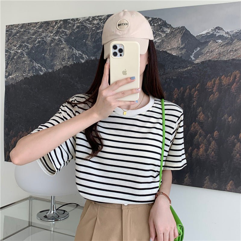 New Korean Style Back Patch Striped Short - sleeved Women's T-shirt - Eshtree