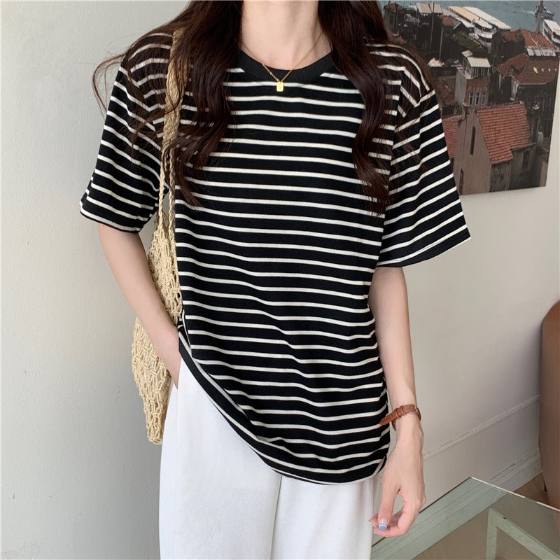 New Korean Style Back Patch Striped Short - sleeved Women's T-shirt - Eshtree