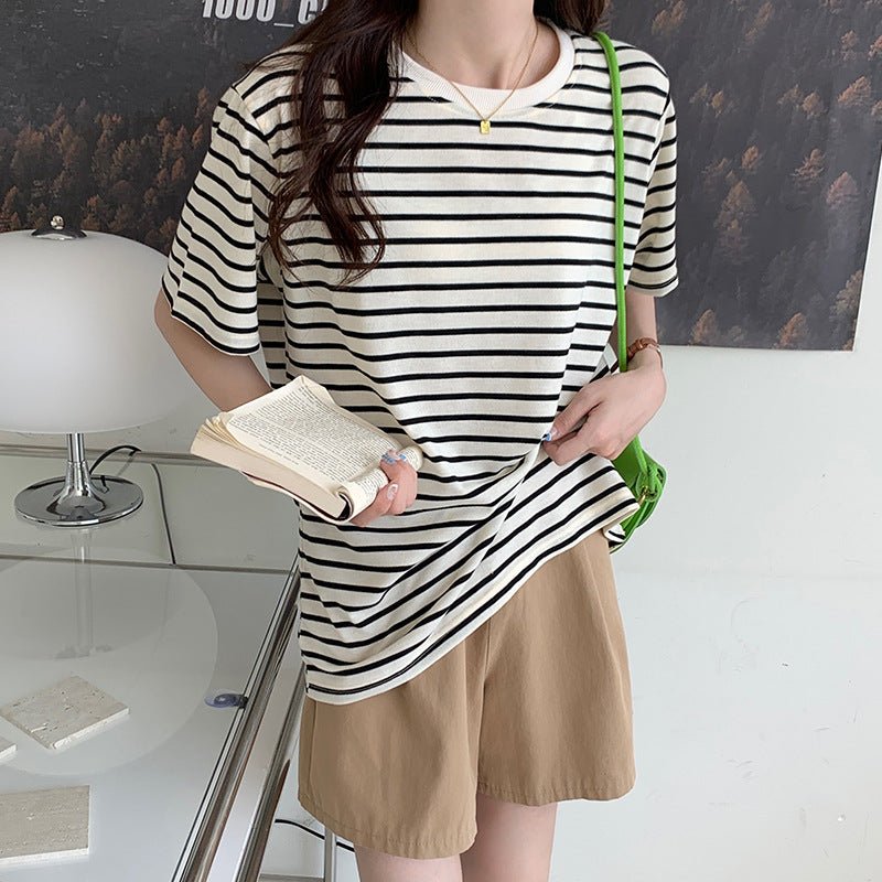 New Korean Style Back Patch Striped Short - sleeved Women's T-shirt - Eshtree