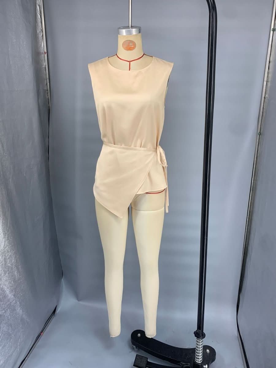 New Satin Solid - color Slim - fit Crew - neck Sleeveless Waist - cinching Top - Eshtree