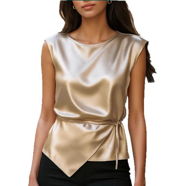 New Satin Solid - color Slim - fit Crew - neck Sleeveless Waist - cinching Top - Eshtree