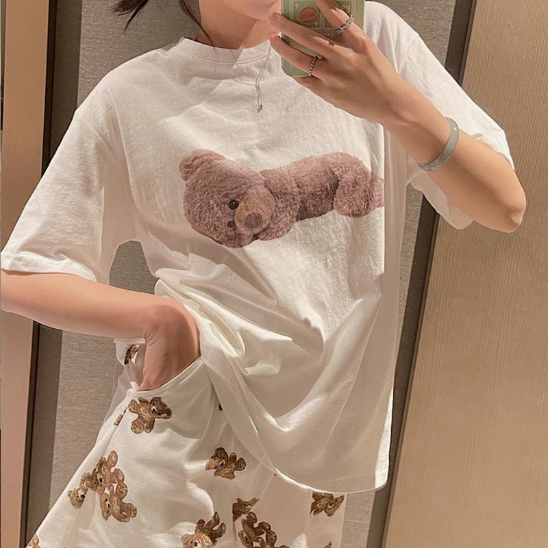 New Style Retro Bear Western Round Neck Loose Print Casual Bottoming T-shirt Short Sleeve Women - Eshtree