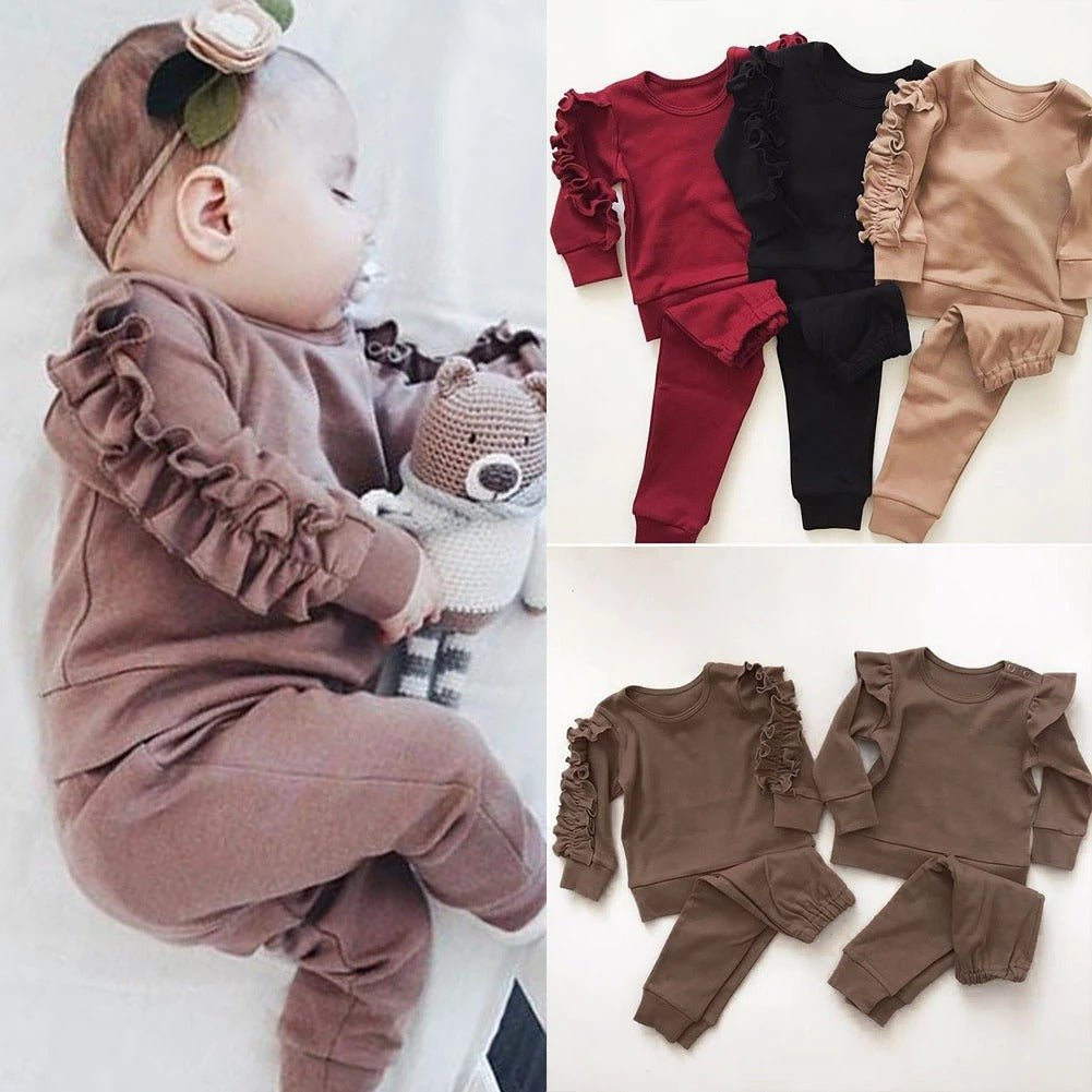 Newborn Baby Boys Girls Ruffles Jumper Solid Long Sleeve Sweatshirt Tops Pants Infant Kids 2Pcs Outfits Clothes Set Fall Clothes - Eshtree