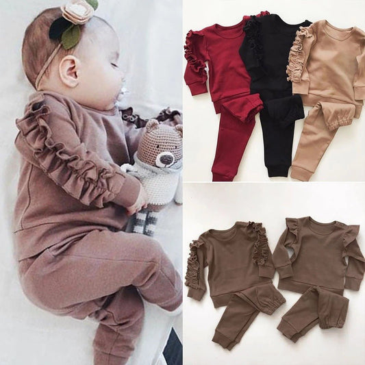 Newborn Baby Boys Girls Ruffles Jumper Solid Long Sleeve Sweatshirt Tops Pants Infant Kids 2Pcs Outfits Clothes Set Fall Clothes - Eshtree