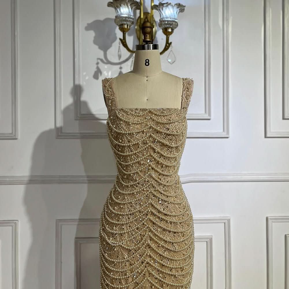 Nude Elegant Sling Light Luxury High - end Pearl Beaded Dress - Eshtree