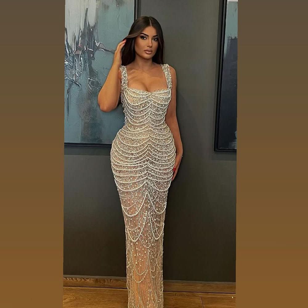 Nude Elegant Sling Light Luxury High - end Pearl Beaded Dress - Eshtree