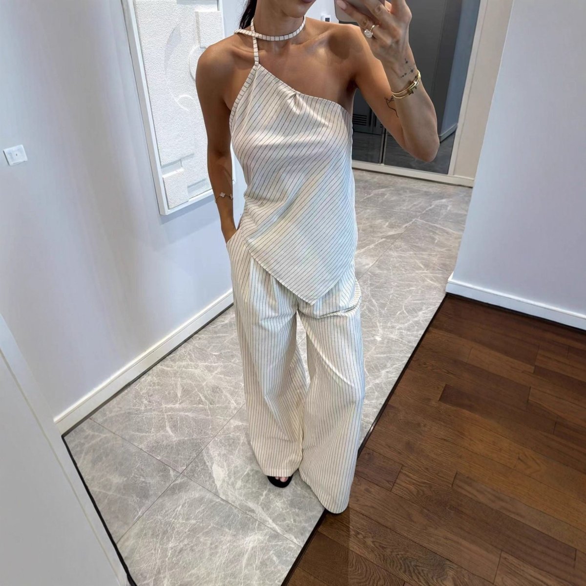 Off - shoulder Striped Irregular Top And Pants Two - piece Set - Eshtree