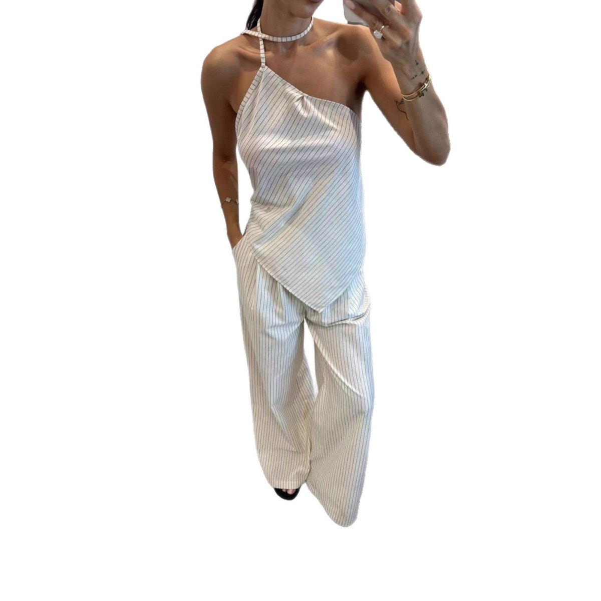 Off - shoulder Striped Irregular Top And Pants Two - piece Set - Eshtree