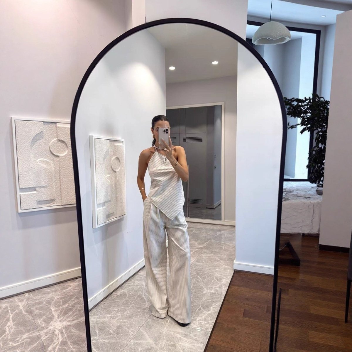 Off - shoulder Striped Irregular Top And Pants Two - piece Set - Eshtree