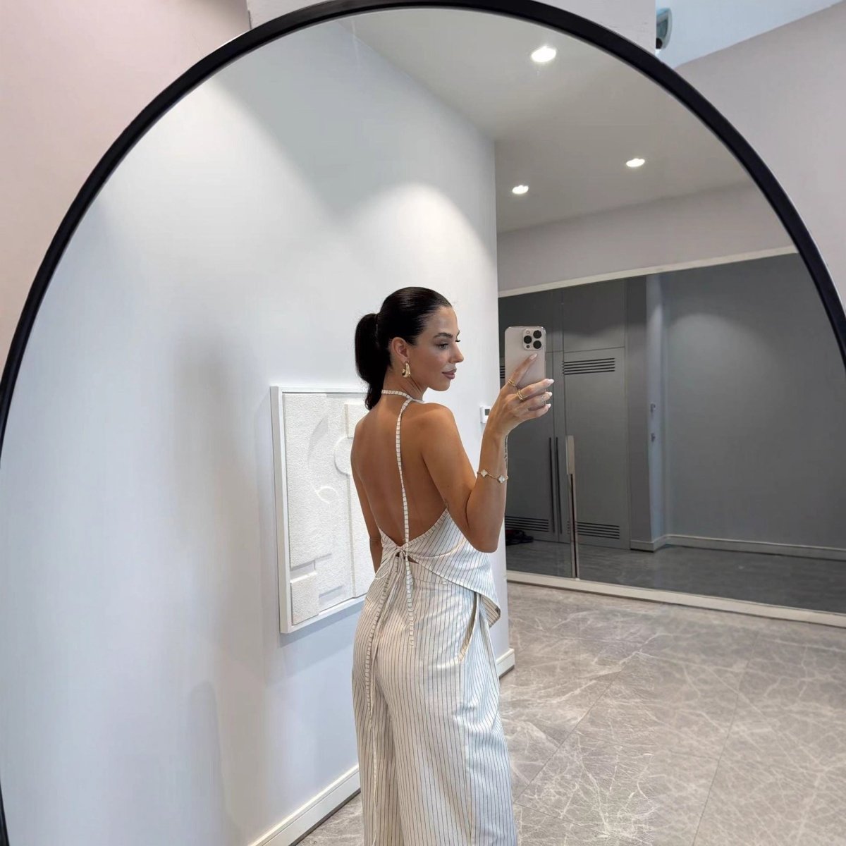 Off - shoulder Striped Irregular Top And Pants Two - piece Set - Eshtree