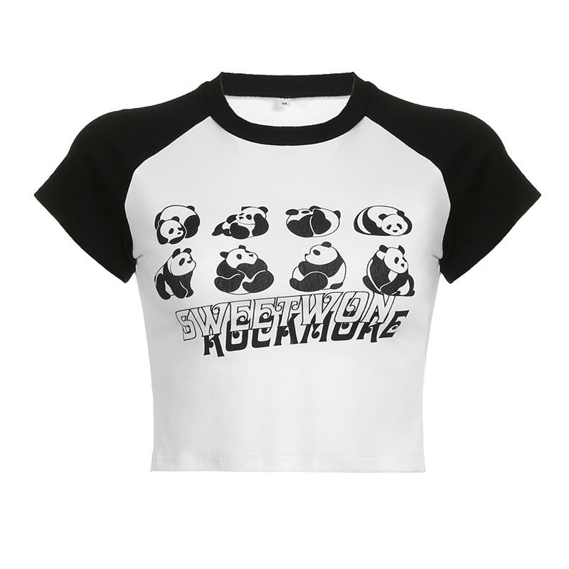 Panda Print Collision Color Plunging Sleeve T-shirt Basic Spicy Girls With Letters Short - sleeved Tops - Eshtree