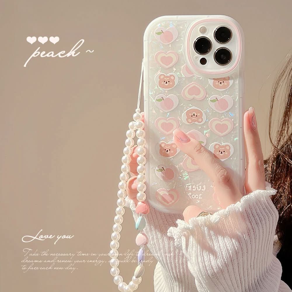 Peach Love Bear Pearl Chain Phone Case - Eshtree