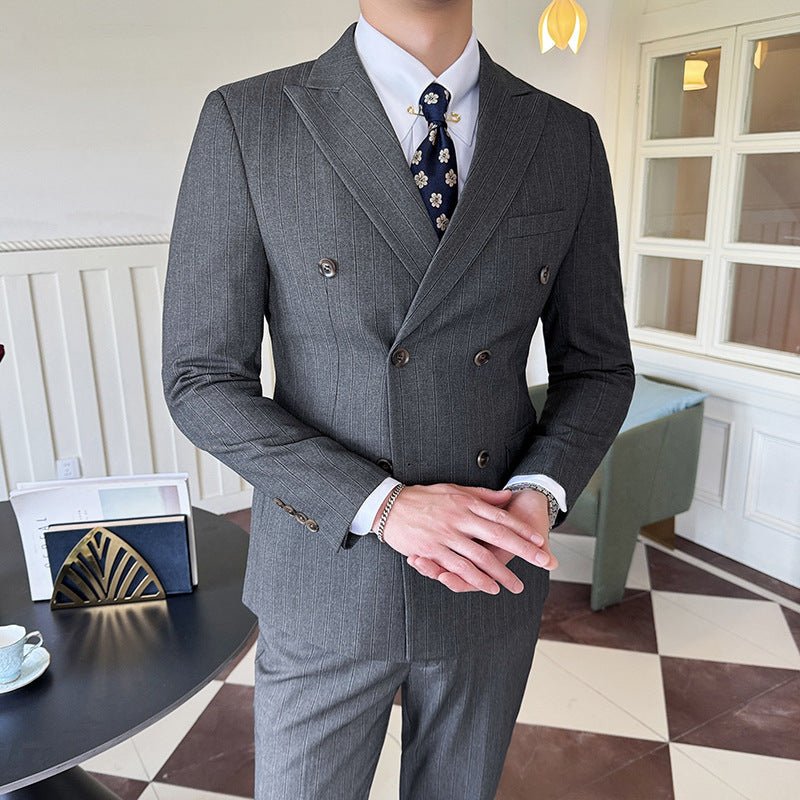 Peak - lapel Coat With Double - breasted Design Textured Stripes And A Three - piece Set - Eshtree