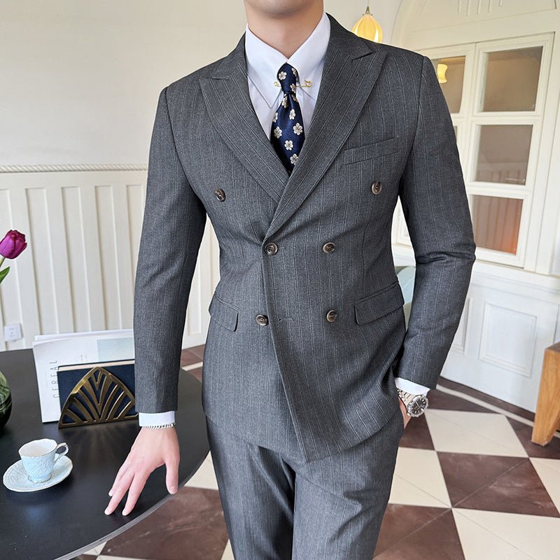 Peak - lapel Coat With Double - breasted Design Textured Stripes And A Three - piece Set - Eshtree