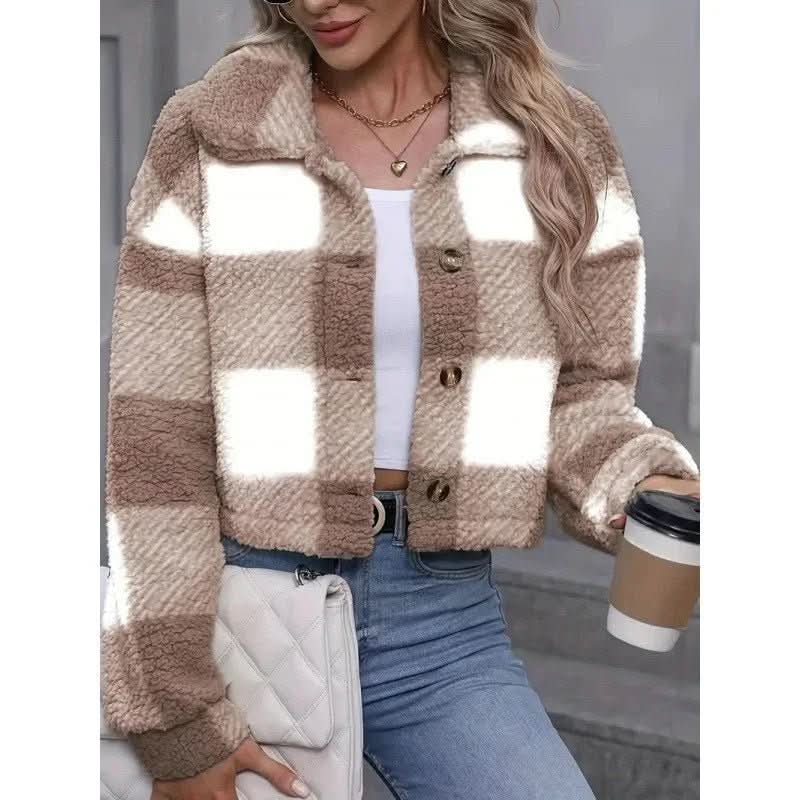 Plaid Pattern Plush Button Cardigan Casual Warm Coat - Eshtree