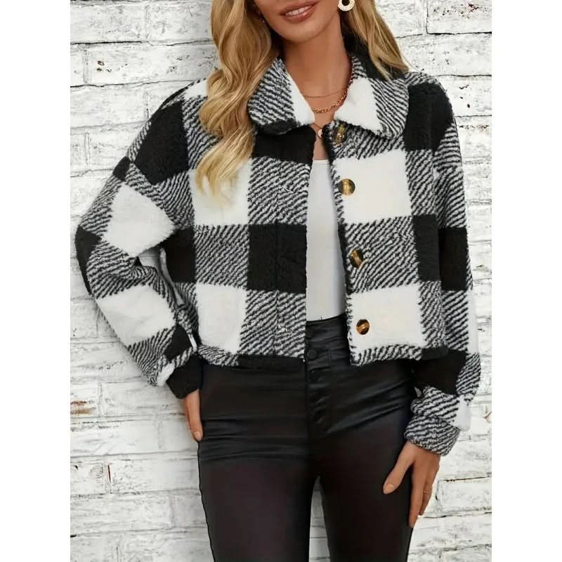 Plaid Pattern Plush Button Cardigan Casual Warm Coat - Eshtree