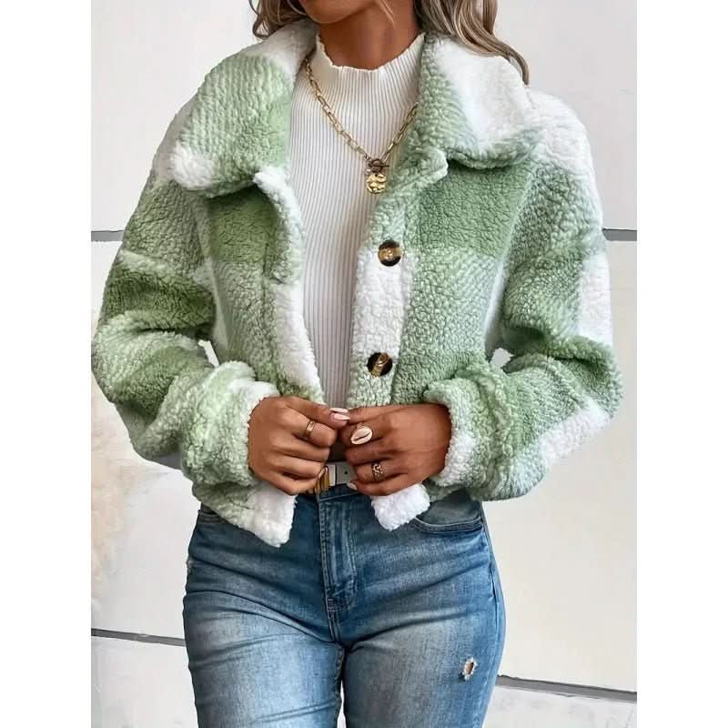 Plaid Pattern Plush Button Cardigan Casual Warm Coat - Eshtree