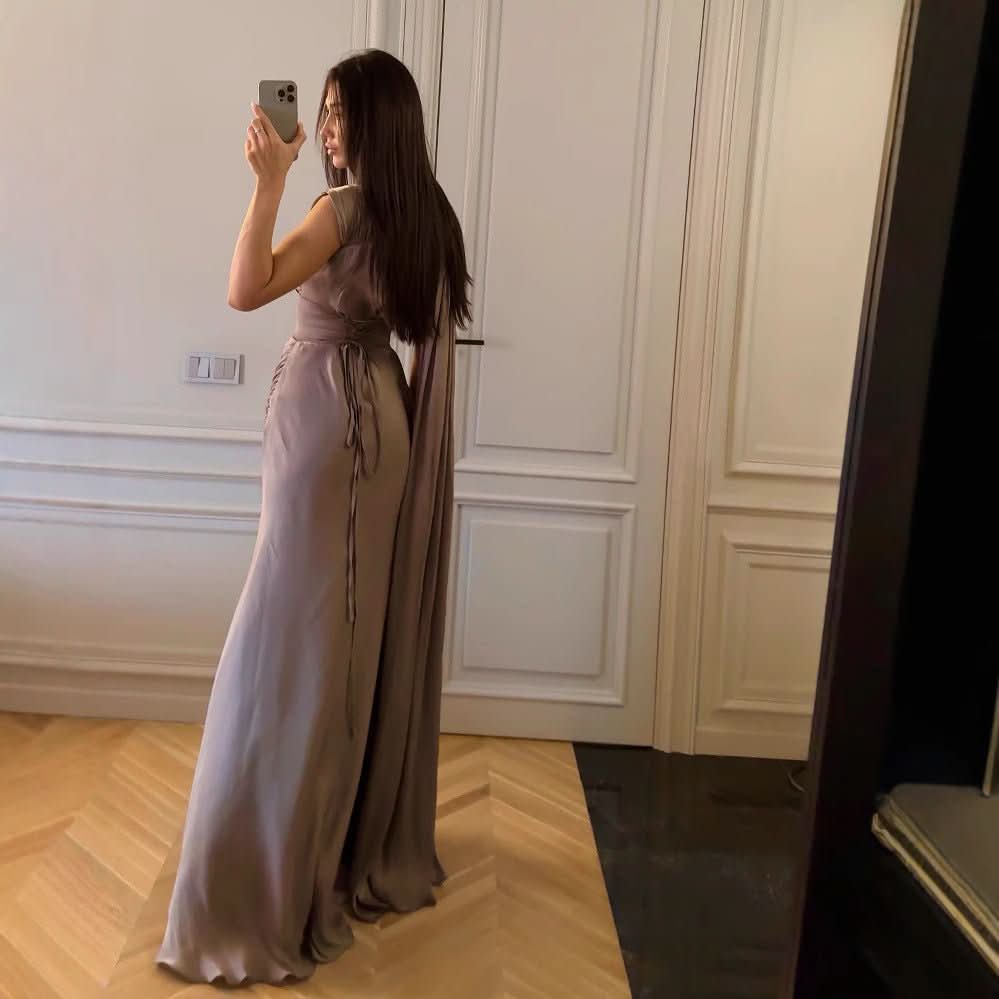 Pleated Ribbon Satin Evening Dress - Eshtree