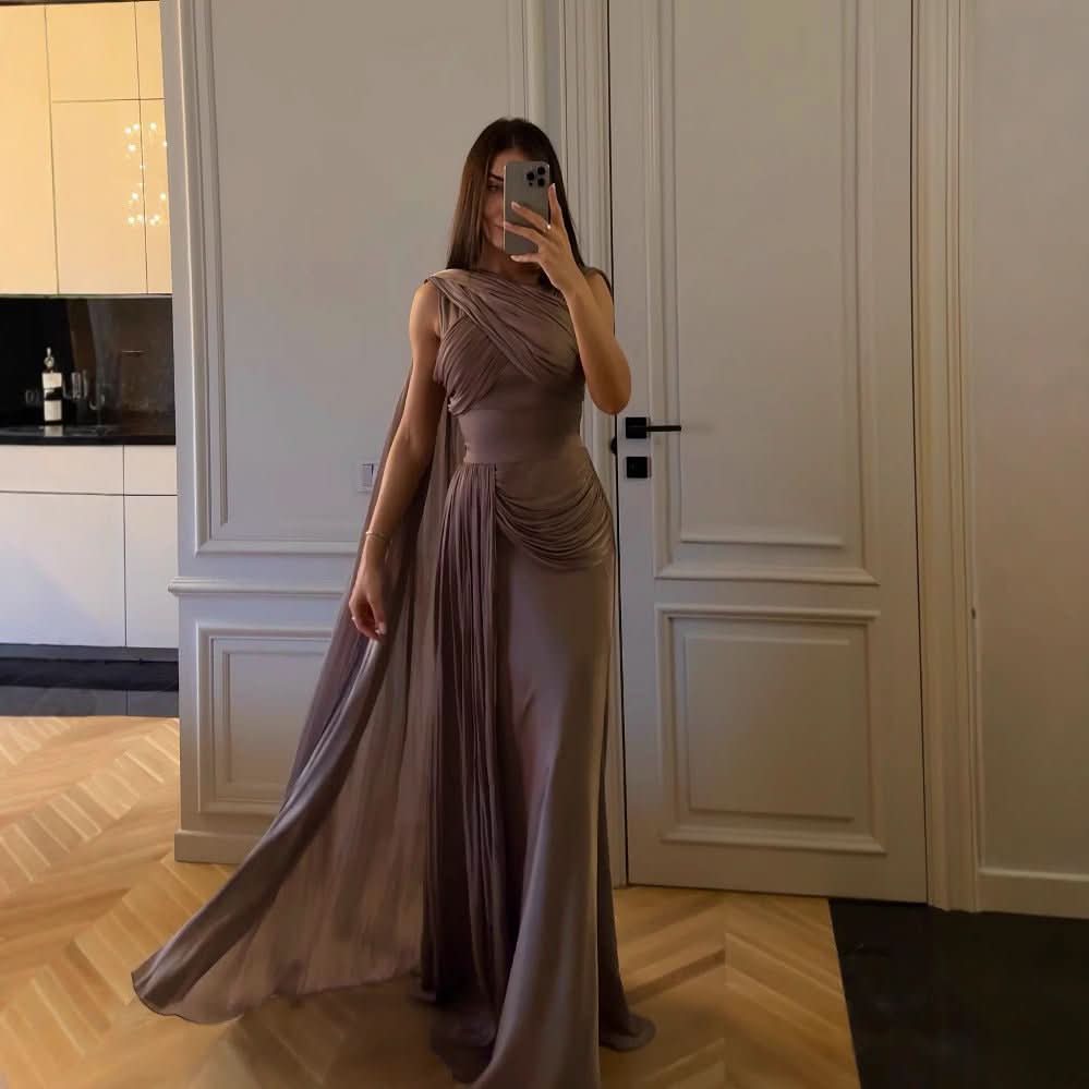 Pleated Ribbon Satin Evening Dress - Eshtree