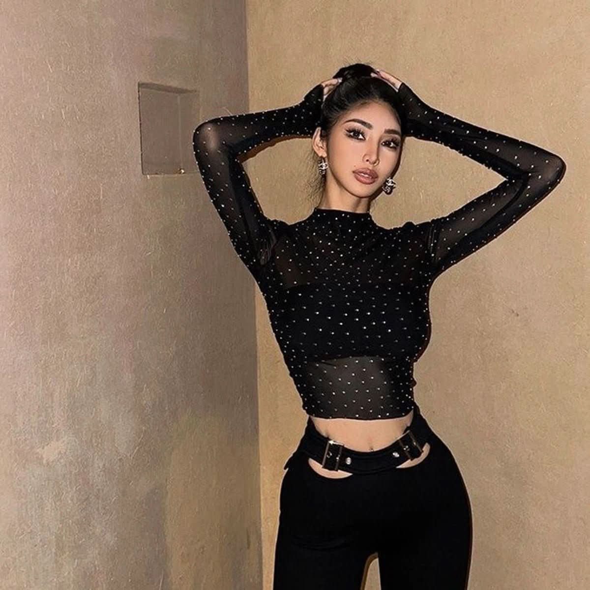 Polyester Fiber Black Top For Women - Eshtree