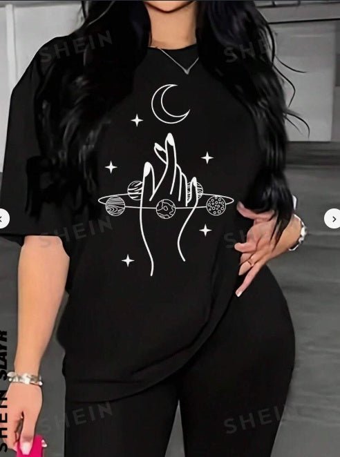 Printed Drop Shoulder T-Shirt Graphic Tees Women Tops - Eshtree