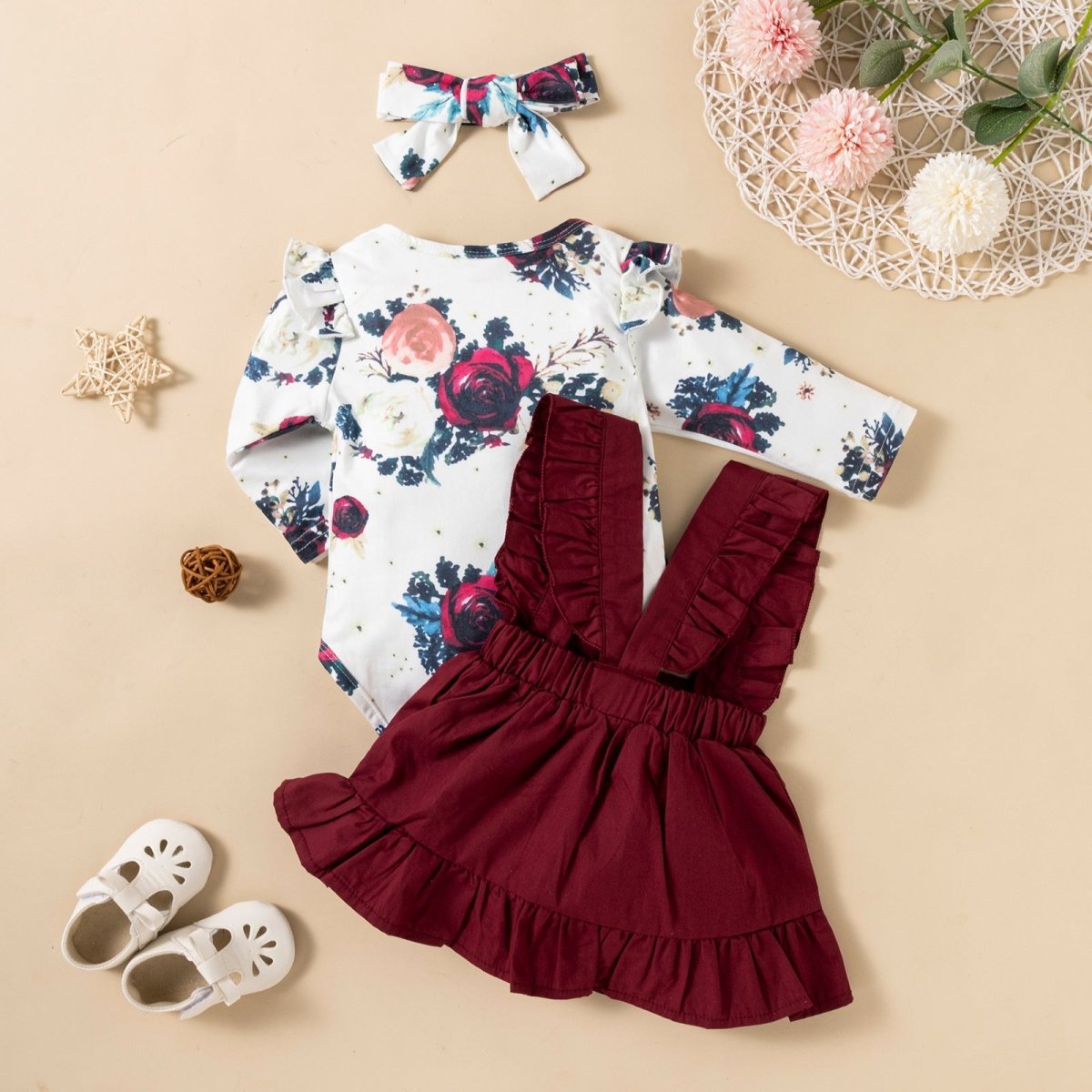 Printed Long - sleeved Baby Girl Romper Two - color Strap Ruffled Dress Headdress Three Pieces - Eshtree