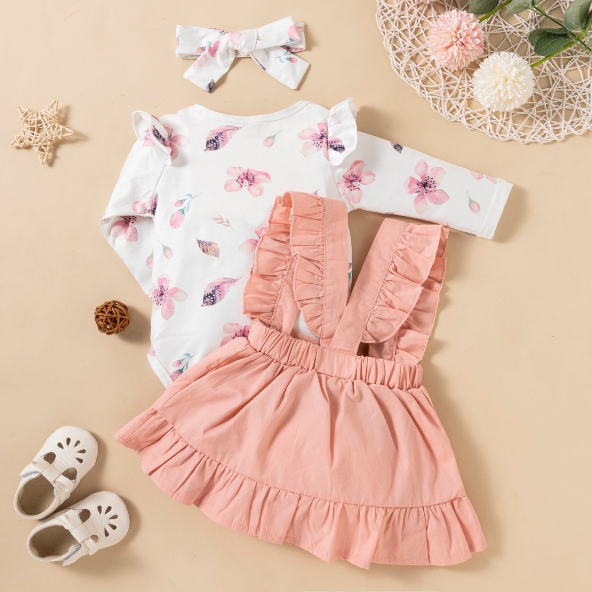 Printed Long - sleeved Baby Girl Romper Two - color Strap Ruffled Dress Headdress Three Pieces - Eshtree