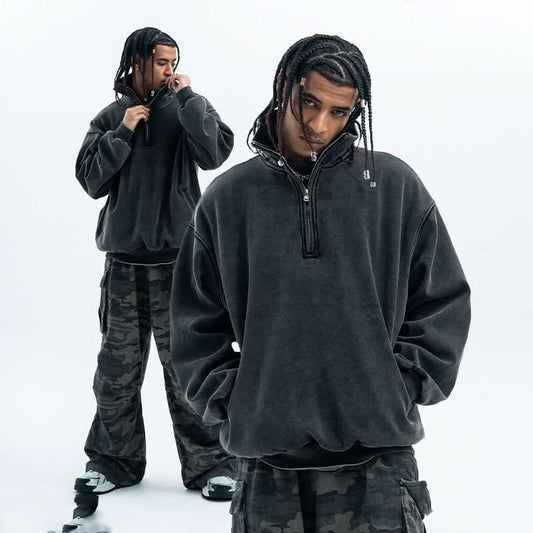 Retro Distressed Half Zipper Brushed Hoody Couple - Eshtree