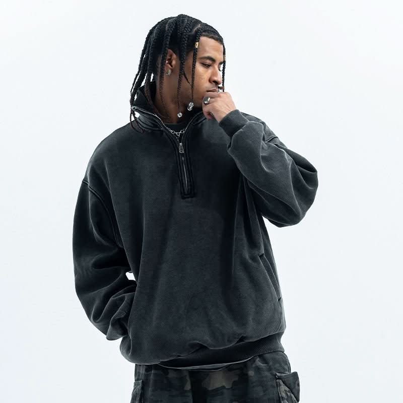 Retro Distressed Half Zipper Brushed Hoody Couple - Eshtree