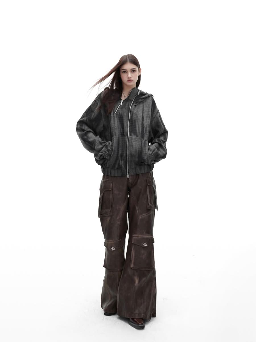 Retro Distressed Hooded Sweater Metal Zipper Design Jacket For Men - Eshtree