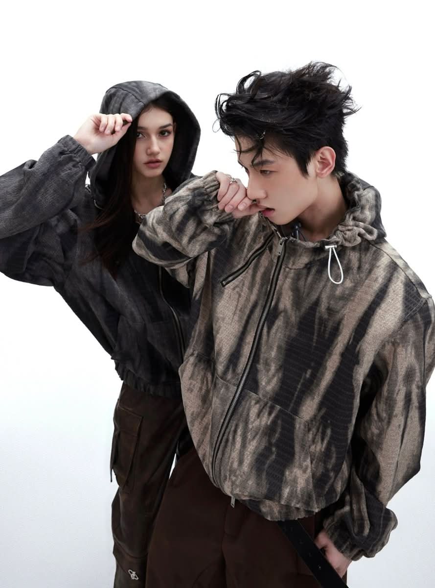 Retro Distressed Hooded Sweater Metal Zipper Design Jacket For Men - Eshtree