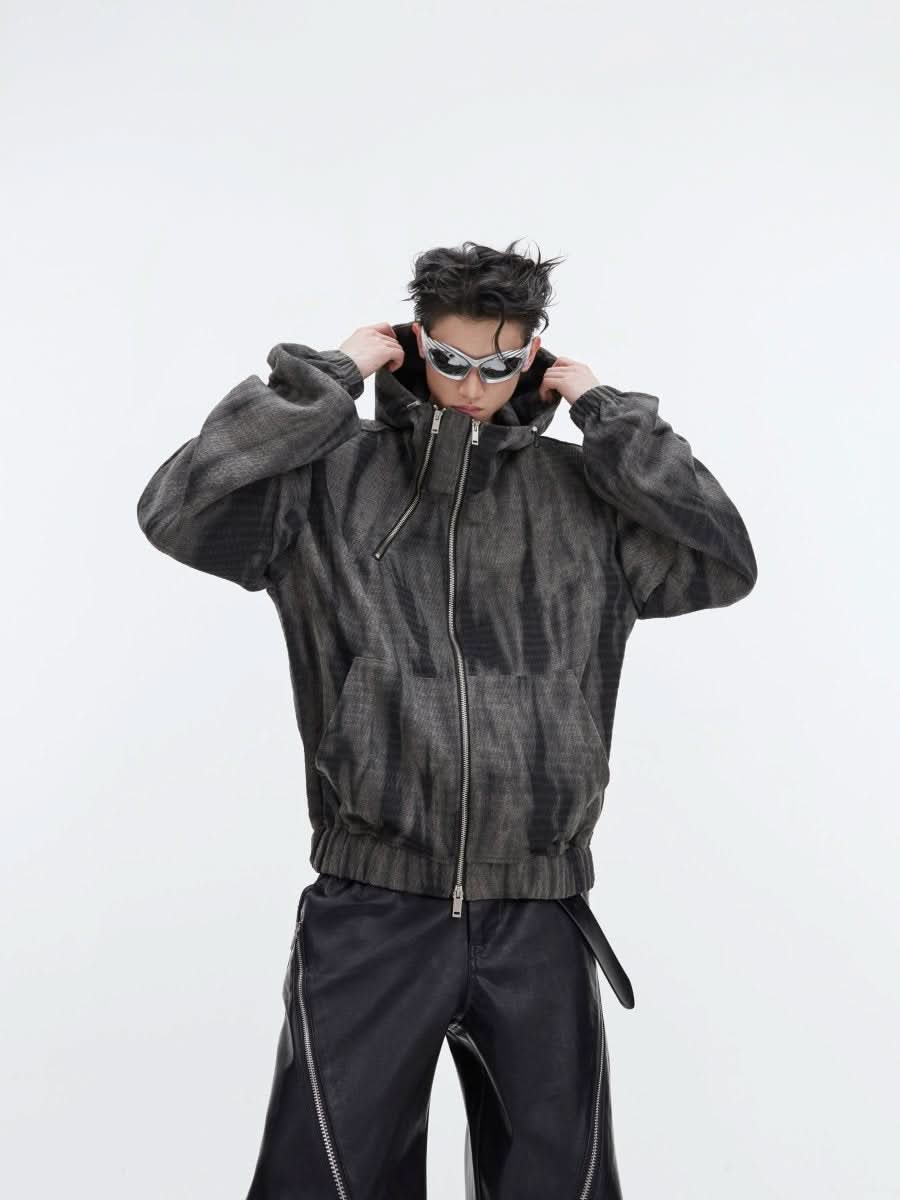 Retro Distressed Hooded Sweater Metal Zipper Design Jacket For Men - Eshtree