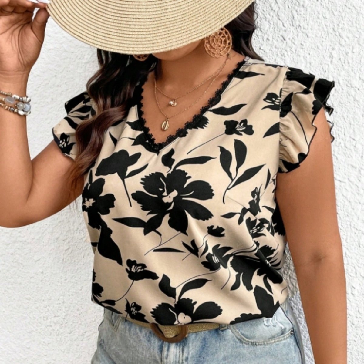 Retro Floral Print V - neck Lace Trim Peplum Blouse - Eshtree