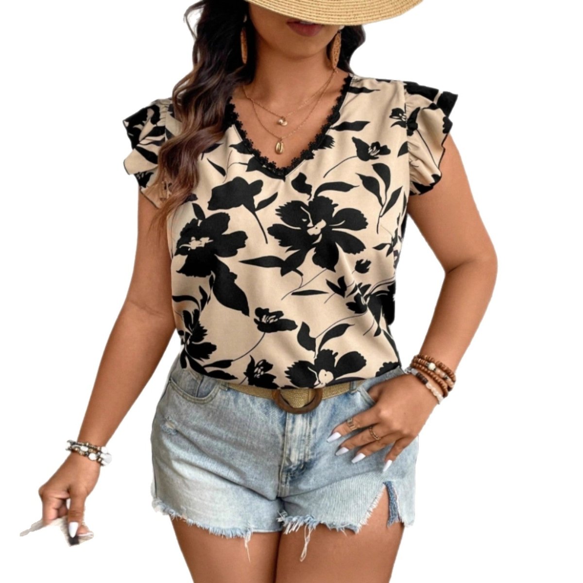 Retro Floral Print V - neck Lace Trim Peplum Blouse - Eshtree