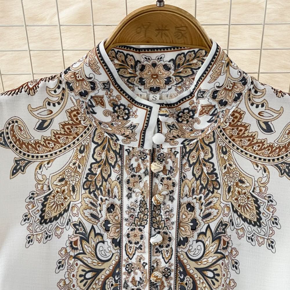 Retro Graceful Stand Collar Printed Waist - controlled Buckle A - Line Dress - Eshtree