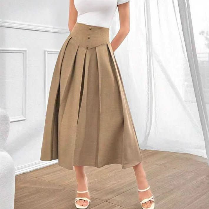 Retro Khaki - colored French - style Draped Maxi Skirt - Eshtree