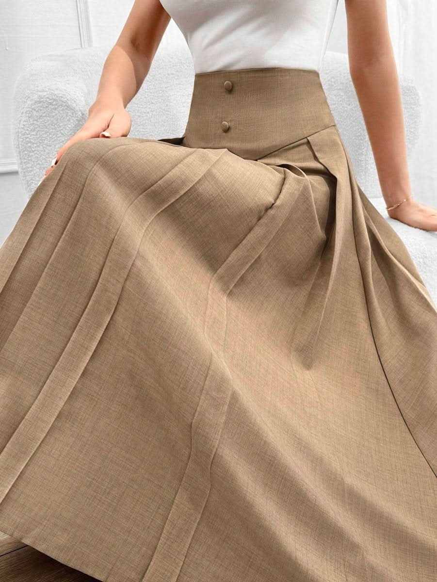 Retro Khaki - colored French - style Draped Maxi Skirt - Eshtree