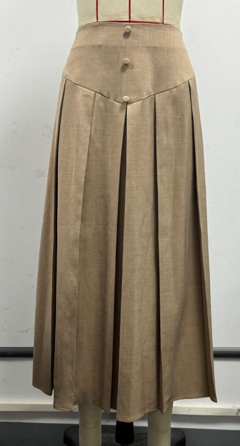 Retro Khaki - colored French - style Draped Maxi Skirt - Eshtree