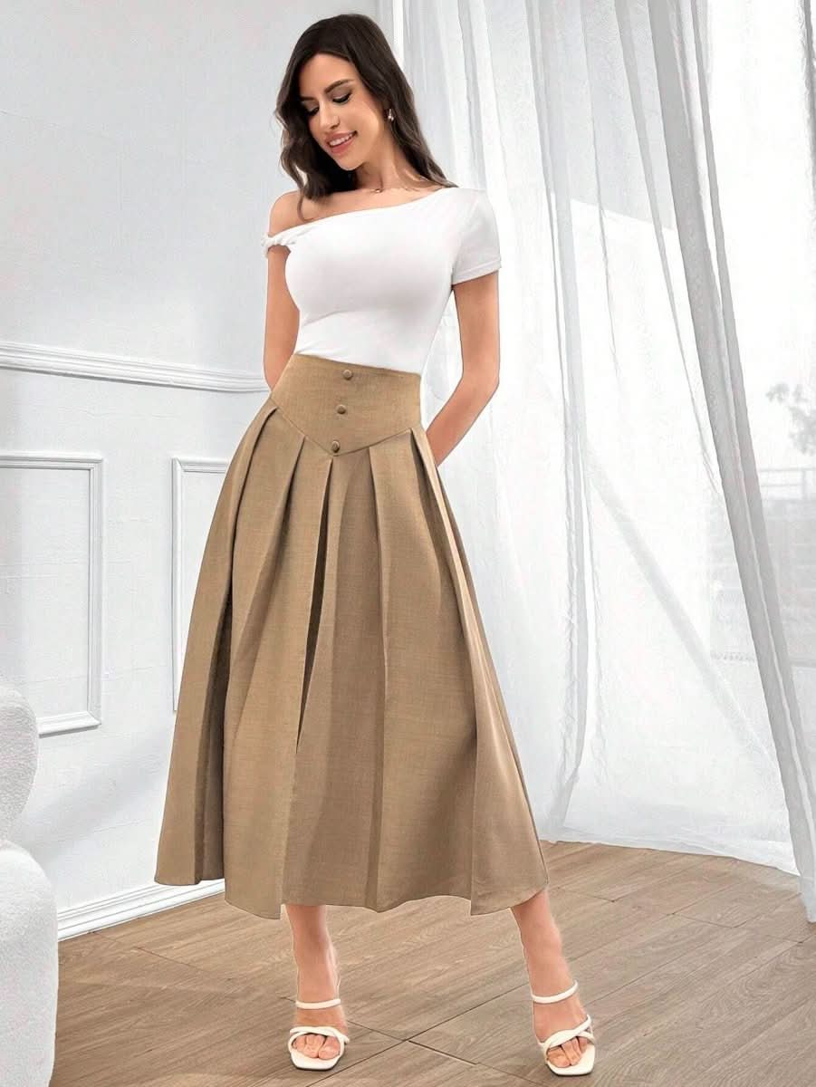 Retro Khaki - colored French - style Draped Maxi Skirt - Eshtree
